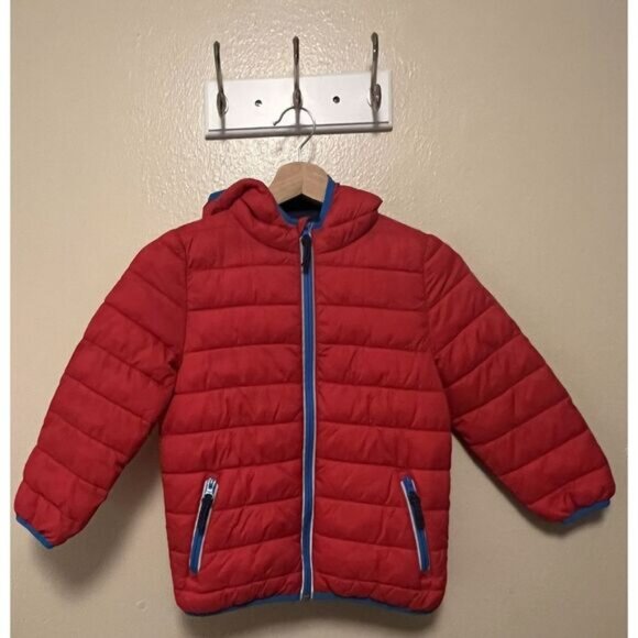 Mini Boden Pack Away Jacket Coat Puffer Red Blue Water Resistant Youth Size 5-6 - Picture 1 of 16